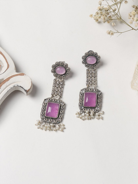 

TEEJH Purple & Silver-Toned Contemporary Drop Earrings