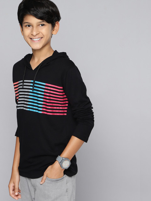 

HERE&NOW Boys Black Striped Hooded Regular New Basics Cotton T-shirt