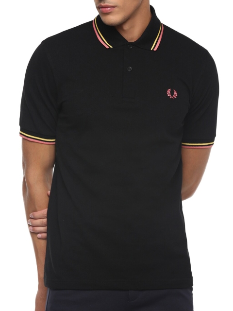 

Fred Perry Men Black Polo Collar Drop-Shoulder Sleeves T-shirt