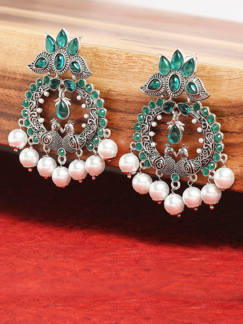 

OOMPH Silver-Plated & Green Peacock Shaped Chandbalis Earrings