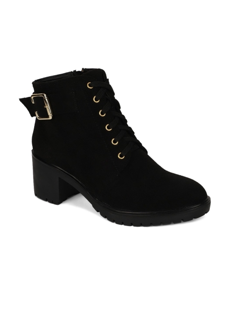 

Bruno Manetti Black Suede Block Heeled Boots with Buckles