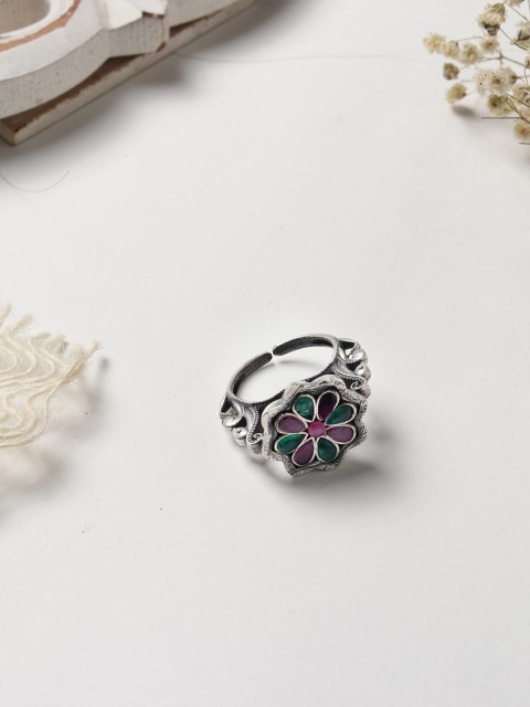 

TEEJH Oxidized Silver-Plated Pink & Green Stone-Studded Adjustable Finger Ring