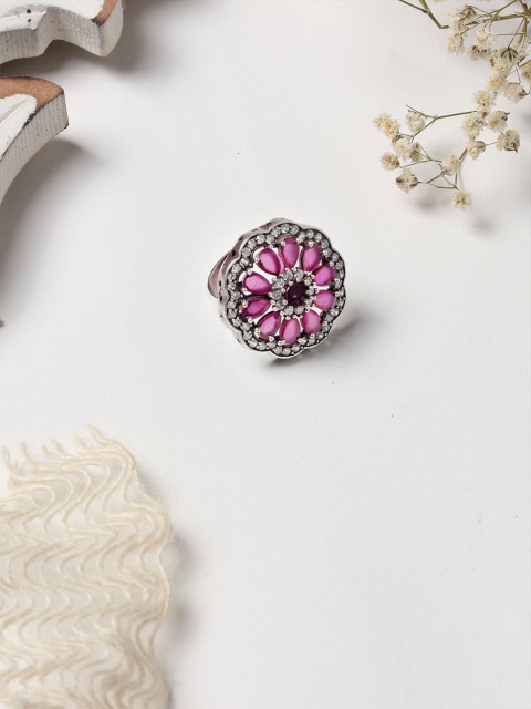 

TEEJH Oxidized Silver-Plated Pink & White Stone-Studded Adjustable Finger Ring