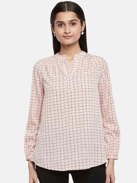 

Annabelle by Pantaloons Beige & Black Checked Mandarin Collar A-Line Top