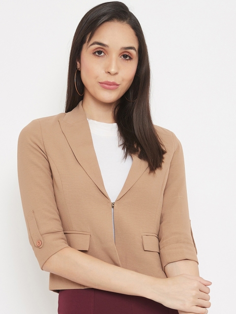 

Madame Women Tan-Brown Solid Single-Breasted Blazer