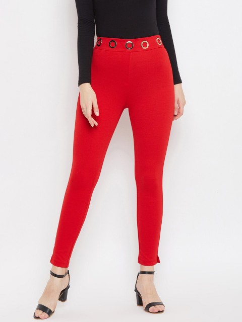

Madame Women Red Solid Slim-Fit Cotton Treggings