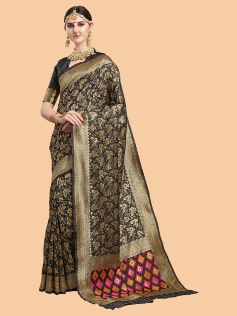

Mitera Black & Gold-Toned Floral Zari Banarasi Silk Blend Saree