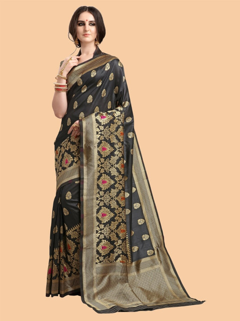 

Mitera Black & Gold-Toned Woven Design Silk Blend Banarasi Saree