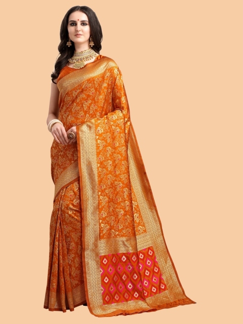 

Mitera Yellow & Gold-Toned Floral Zari Silk Blend Banarasi Saree