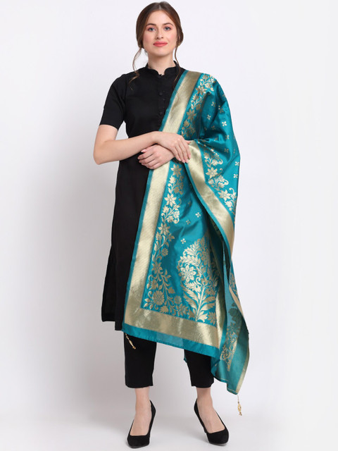 

SOUNDARYA Turquoise Blue & Gold-Coloured Ethnic Motifs Zari Woven Banarasi Silk Dupatta