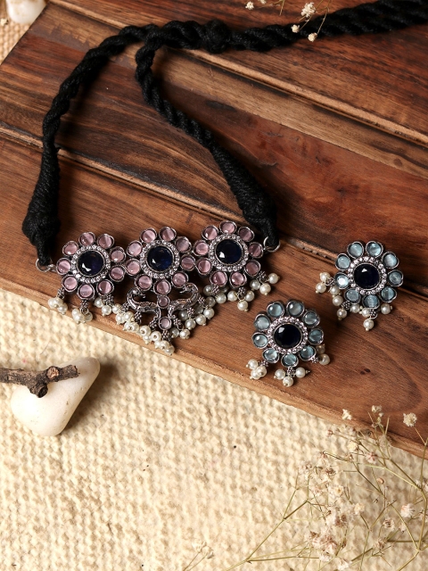 

TEEJH Oxidized Silver-Plated Pink & Blue Stone-Studded & Pearl Beaded Jewellery Set