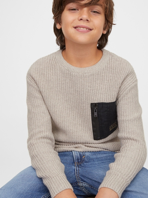 

H&M Boys Beige & Black Solid Round Neck Pocket-Detail Jumper