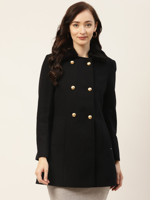 

Okane Women Black Solid Double-Breasted Overcoat