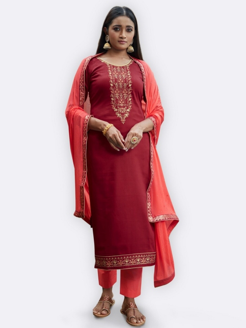 

Kvsfab Maroon & Gold-Toned Embroidered Unstitched Dress Material