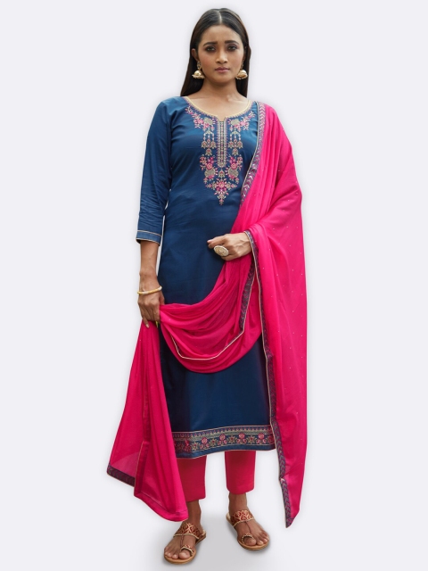 

Kvsfab Navy Blue & Pink Embroidered Unstitched Dress Material