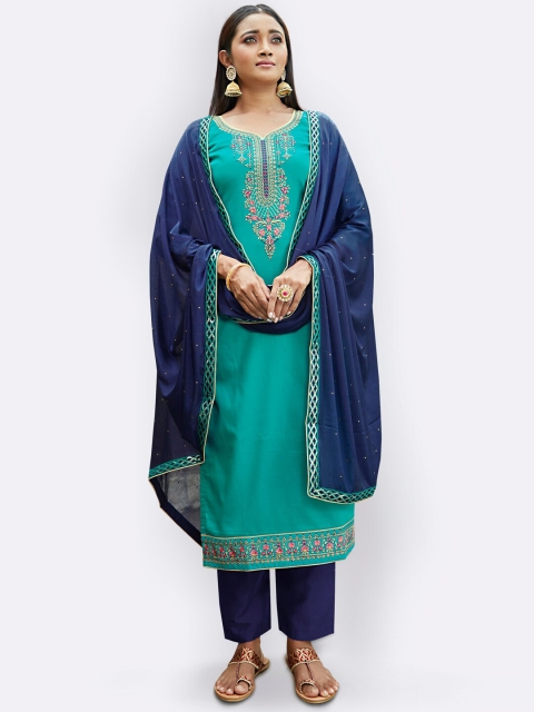 

Kvsfab Navy Blue & Green Embroidered Unstitched Dress Material