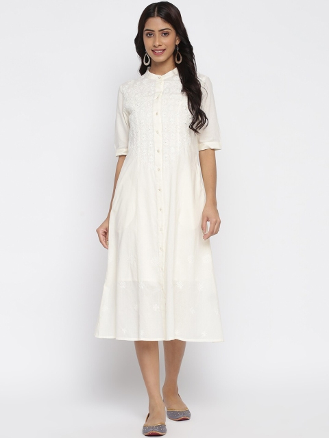 

Fabindia Cream-Coloured Embroidered Shirt Midi Dress