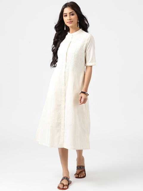 

Fabindia Cream-Coloured Floral Embroidered Shirt Dress