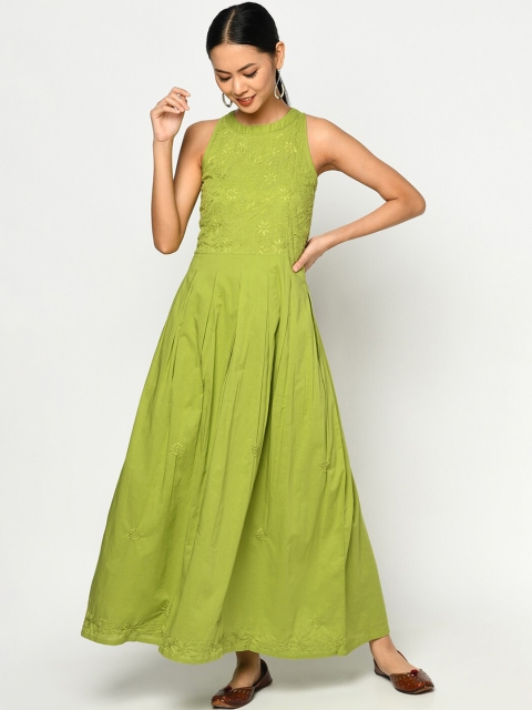 

Fabindia Green Ethnic Motifs Embroidered Maxi Dress