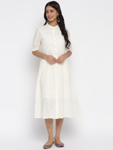 

Fabindia Women Cream Striped Shirt Midi Dress