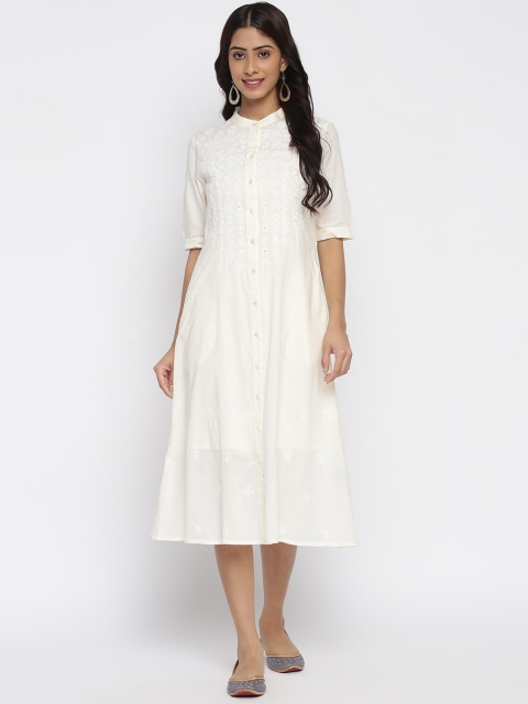 

Fabindia Cream-Coloured Ethnic Motifs Embroidered Layered A-Line Midi Dress