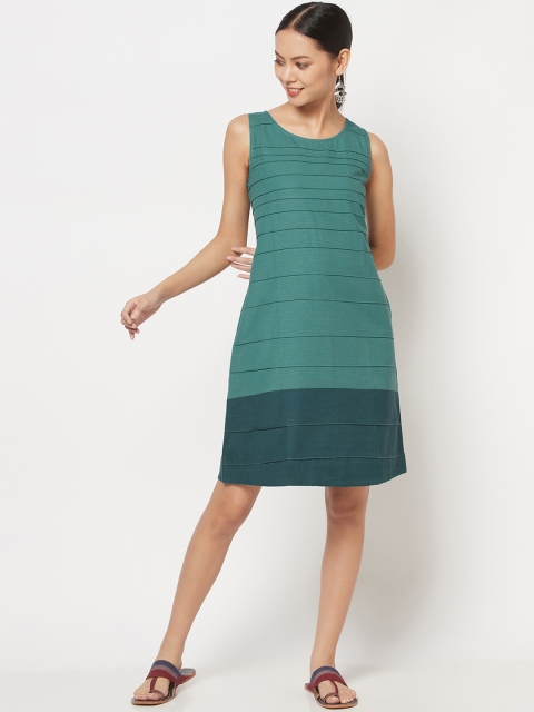 

Fabindia Teal Colourblocked A-Line Dress