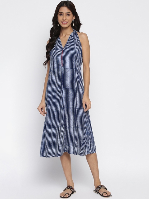 

Fabindia Blue & White Striped A-Line Midi Dress