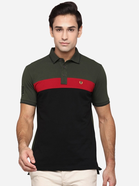 

JADE BLUE Men Olive & Black Colourblocked Polo Collar Pure Cotton Slim Fit T-shirt
