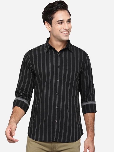 

JADE BLUE Men Black Classic Slim Fit Opaque Striped Casual Shirt