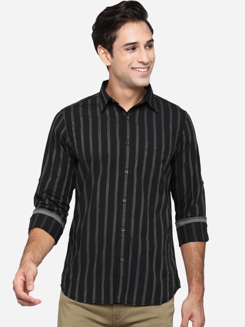 

JADE BLUE Men Black Slim Fit Striped Casual Shirt