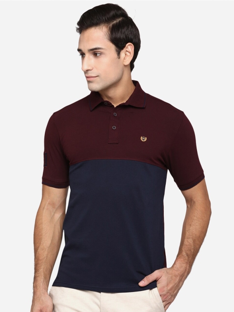 

JADE BLUE Men Maroon Colourblocked Polo Collar Pure Cotton Slim Fit T-shirt