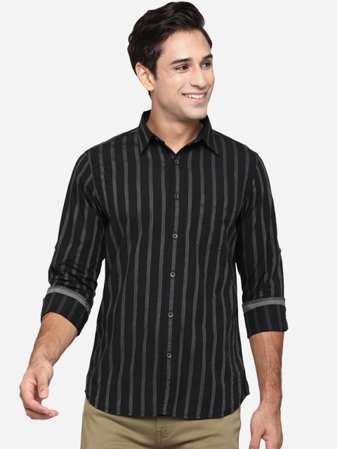 

JADE BLUE Men Black Classic Slim Fit Opaque Striped Casual Shirt