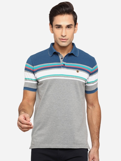 

JADE BLUE Men Blue & Grey Striped Polo Collar Pure Cotton Slim Fit T-shirt