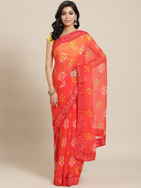 

Mitera Red Bandhani Printed Mirror Work Saree