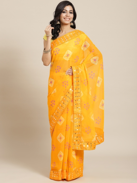 

Mitera Yellow Bandhani Printed Mirror Work Saree