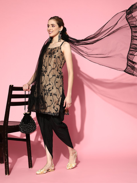 

Inddus Floral Net Kurta Set, Beige