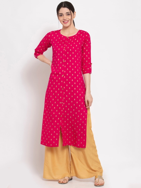 

ALC Creations Women Pink & Gold-Coloured Ethnic Motifs Foil Printed Straight Kurta