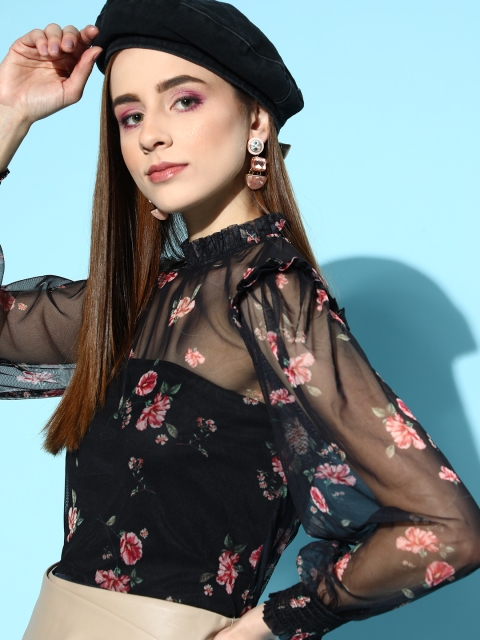 

COVER STORY Women Black Floral Bishop Sleeves Top