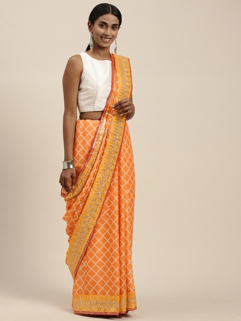 

Mitera Orange Bandhani Checked Sequinned Silk Blend Saree