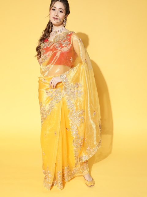 

Mitera Yellow Floral Sequinned Embroidered Border Organza Saree