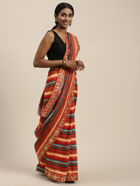 

Mitera Multicoloured Striped Sequinned Silk Blend Saree, Multi