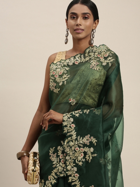 

Mitera Green Floral Embroidered Border Sequinned Organza Saree