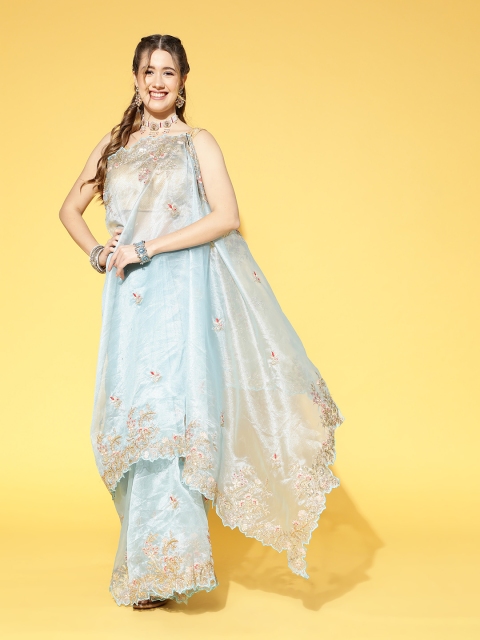 

Mitera Turquoise Blue Floral Embroidered Sequinned Organza Saree