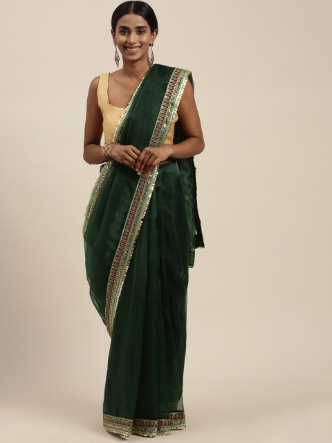 

Mitera Green Solid Sequinned Organza Saree