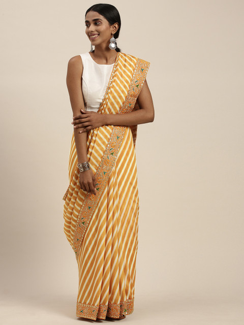 

Mitera Yellow Striped Sequinned Silk Blend Saree