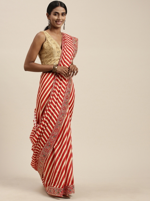 

Mitera Red & Cream-Coloured Striped Sequinned Silk Blend Saree