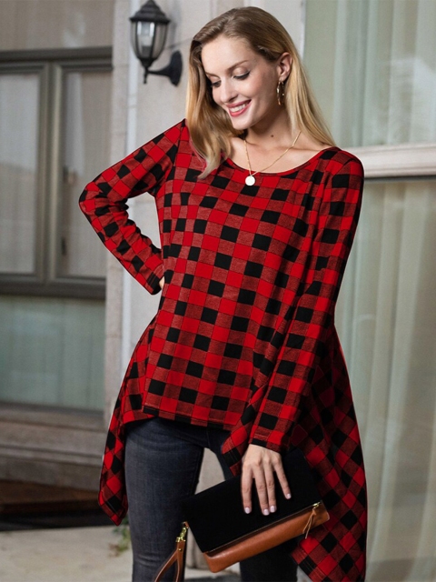 

GRACE & JACK Red & Black Checked Regular Longline Asymmetric Top