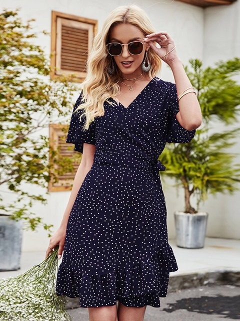 

GRACE & JACK Navy Blue & White Polka Dot Printed A-Line Dress