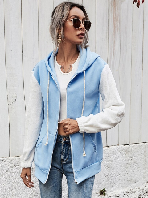 

GRACE & JACK Women Blue Solid Longline Hooded Open Front Jacket