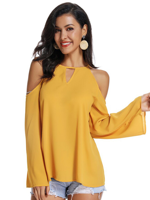

GRACE & JACK Yellow Solid Cold-Shoulder Flounce Sleeve Regular Top